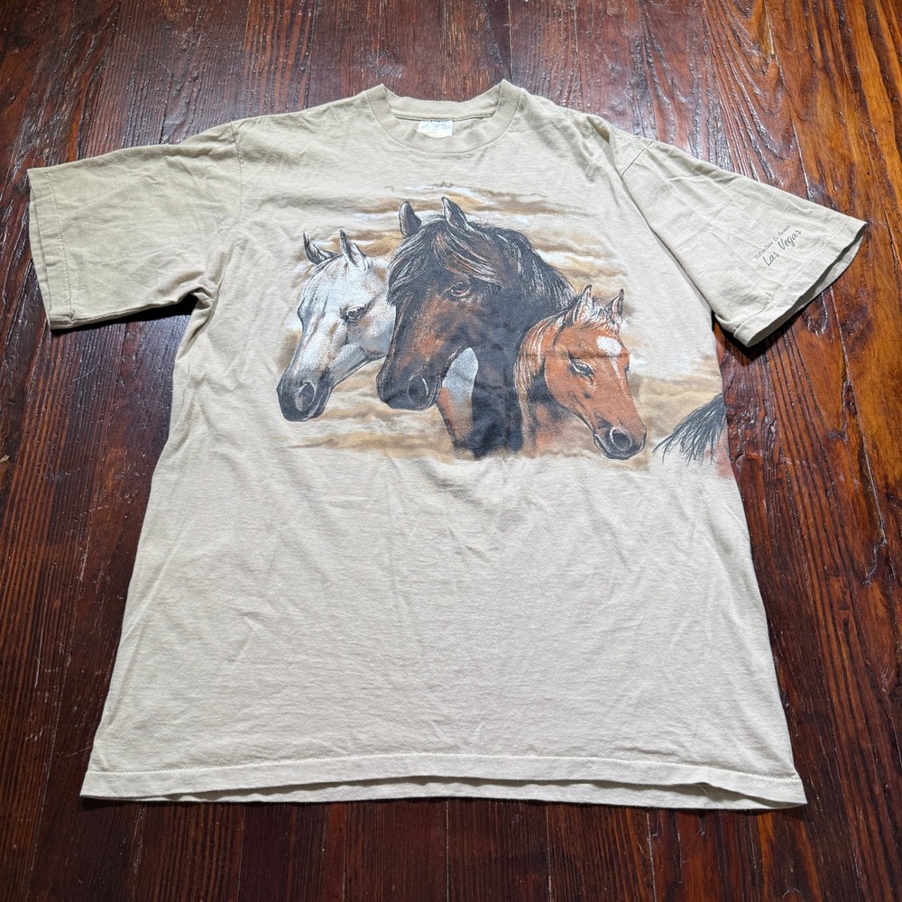 Vintage Las Vegas Horse T Shirt Mens XL Tan USA Graphic Single Stitch